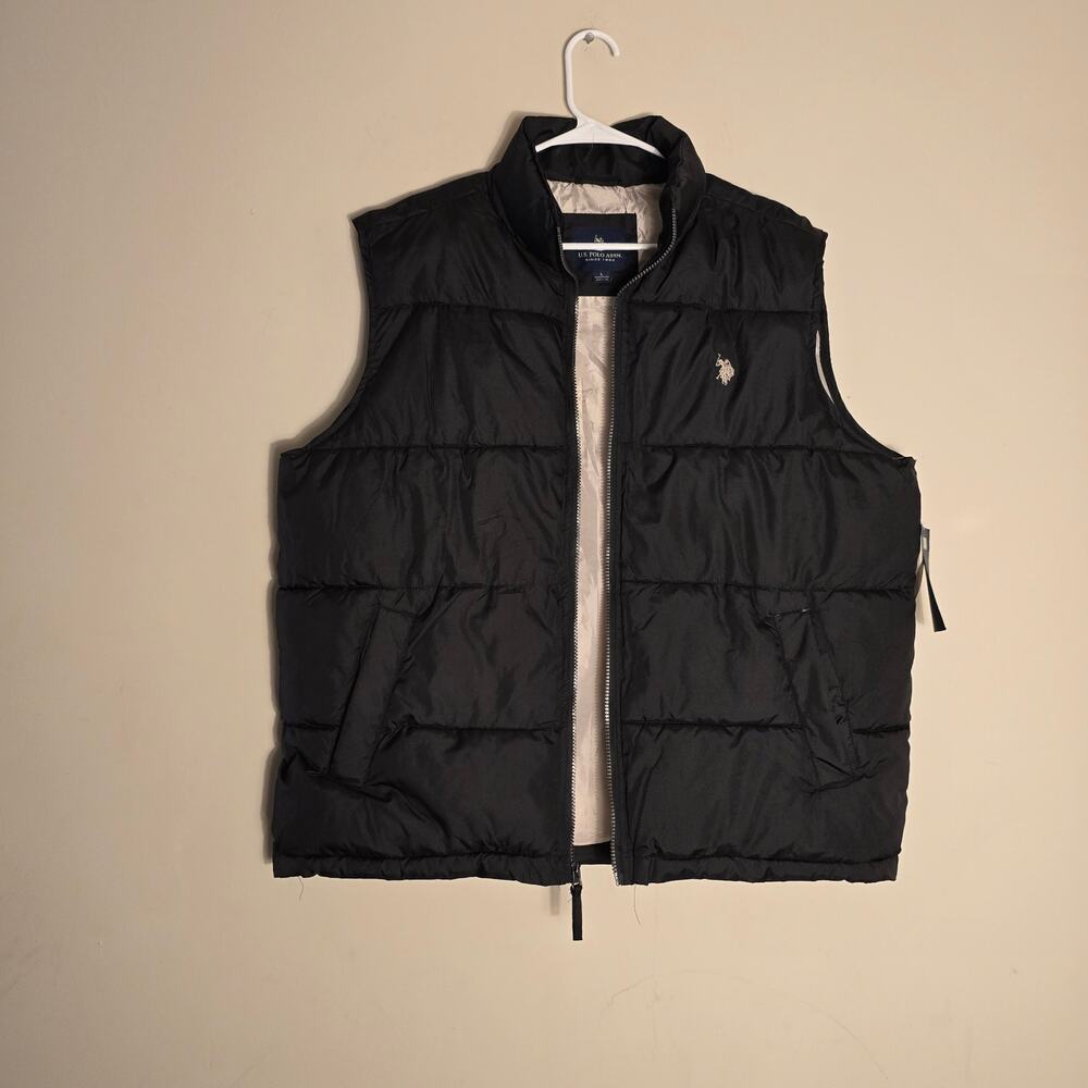 US Polo Assn Men's L Black Puffer Quilted Full Zip Outdoor Preppy Vest Jacket